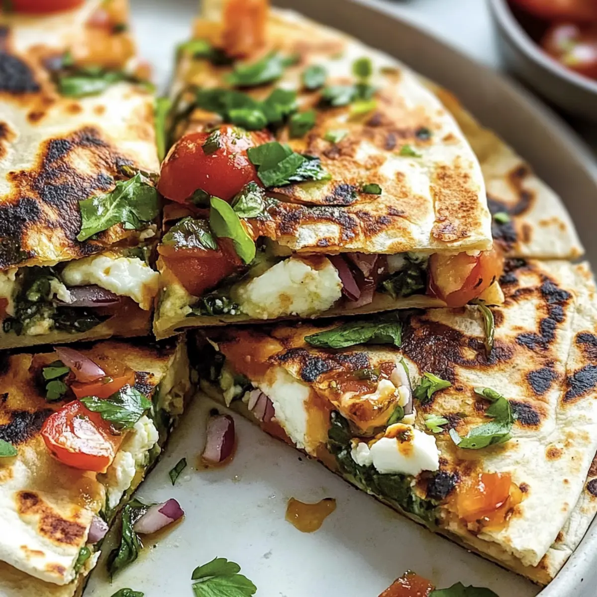 Mediterranean Quesadillas with Spinach, Feta, Mozzarella, and Red Onion