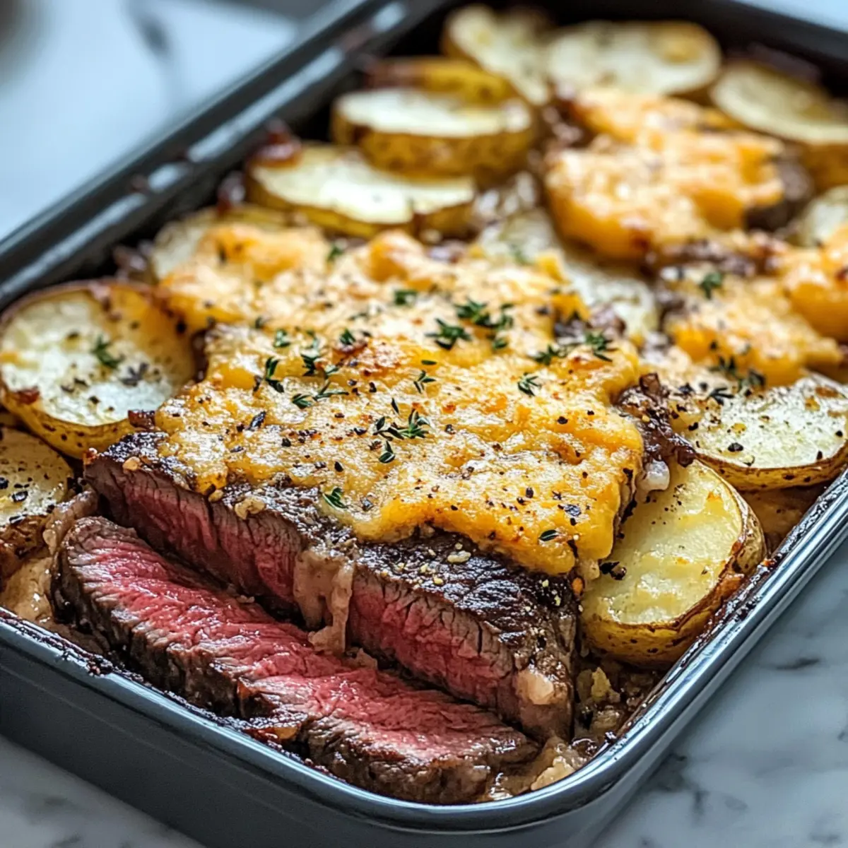 Garlic Butter Steak & Cheddar Potato Bake