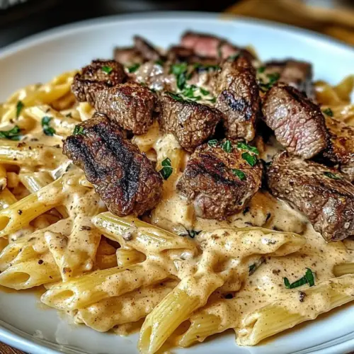 Cajun Steak Tips with Penne in Creamy Parmesan Cheese Sauce