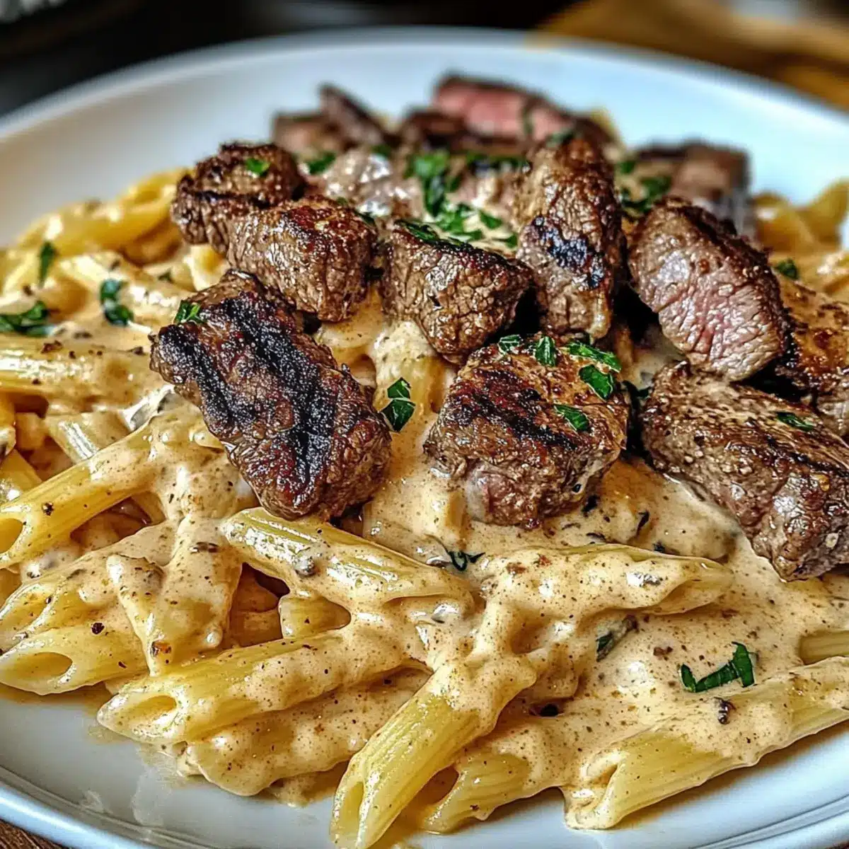 Cajun Steak Tips with Penne in Creamy Parmesan Cheese Sauce
