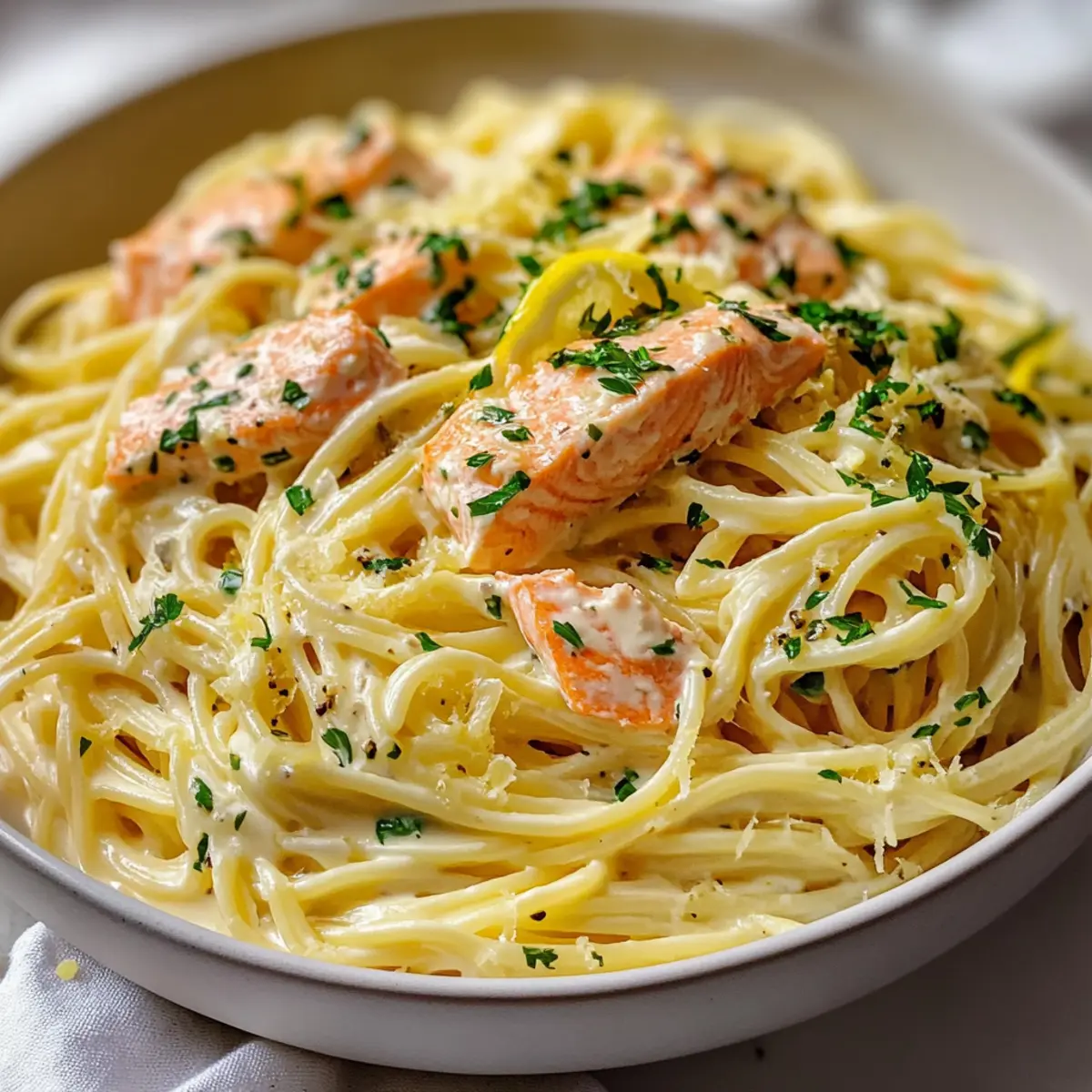 High Protein Creamy Lemon Garlic Salmon Pasta