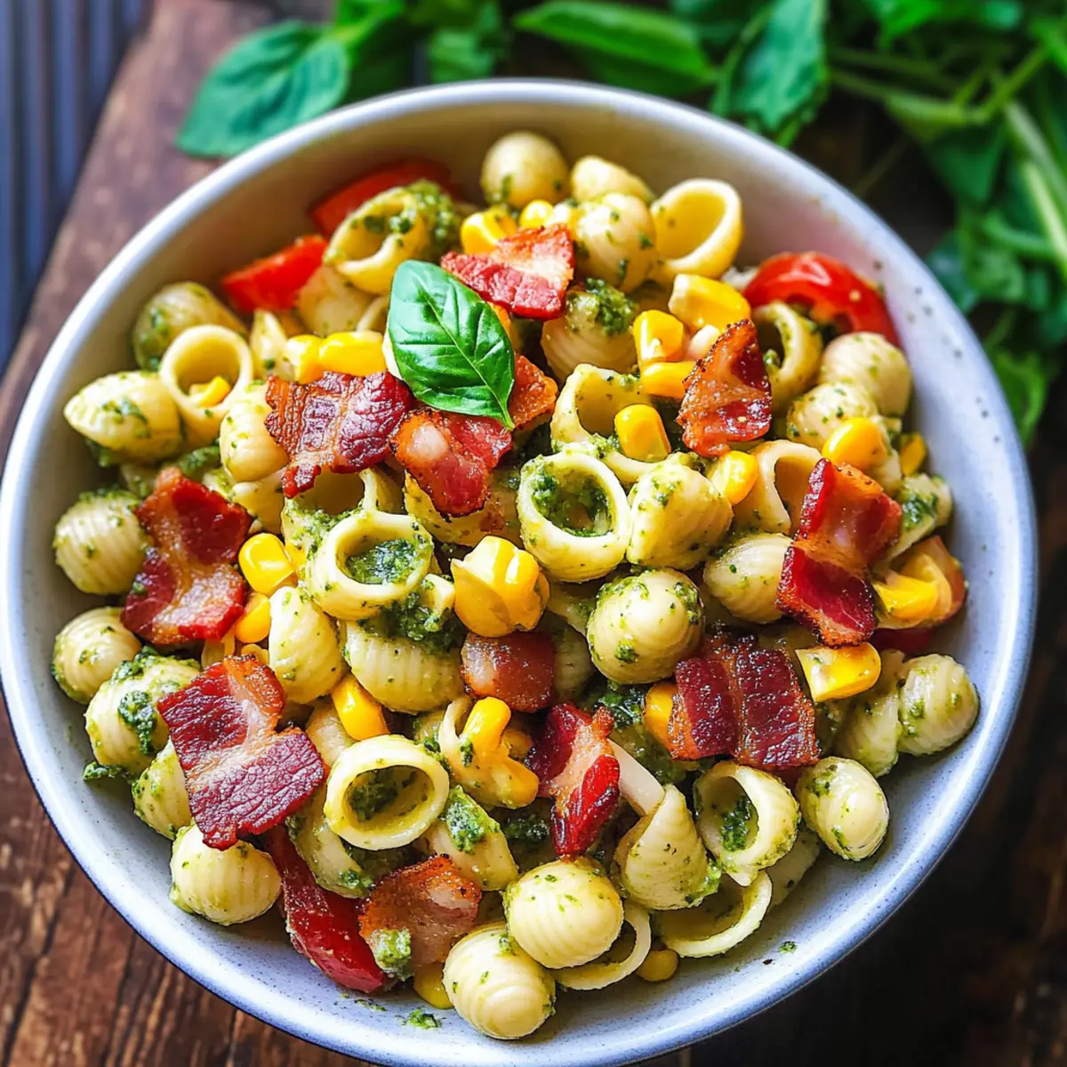 Corn Pasta Salad with Bacon and Creamy Pesto Dressing