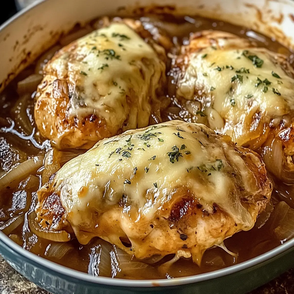 French Onion Soup Chicken Bake with Melted Gruyère Delight