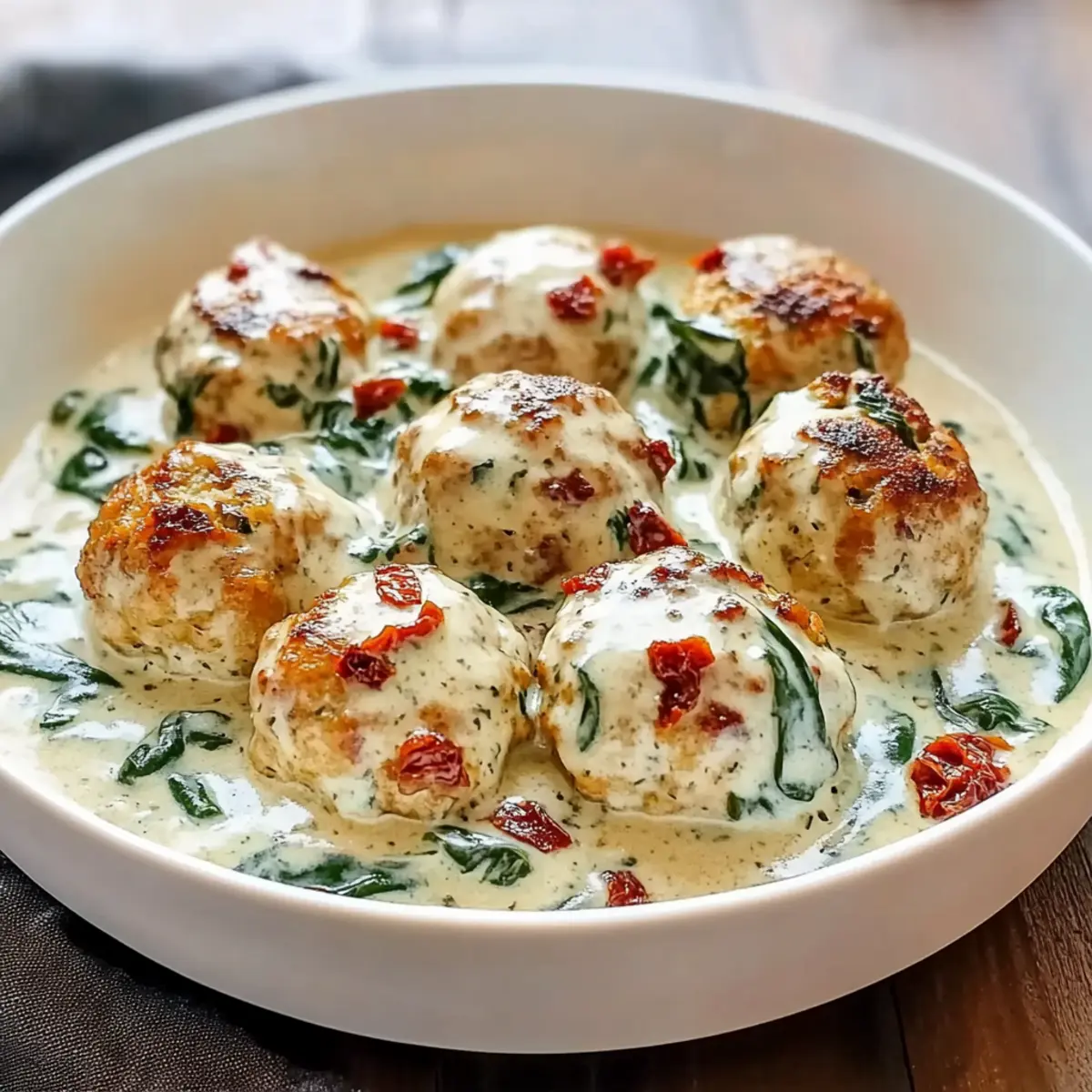 Baked Chicken Ricotta Meatballs with Spinach Alfredo
