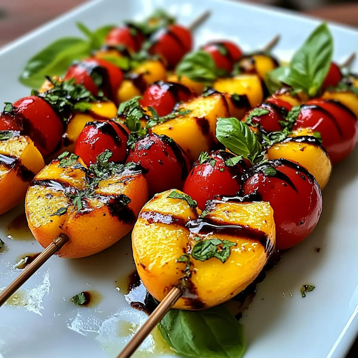Caprese Skewers with Cherry Tomatoes, Peach, and Basil Drizzle